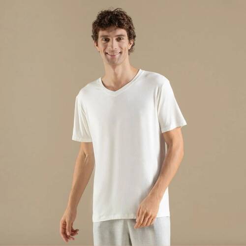 Men's V-Neck Cotton Pallas T-Shirt Ecru - 1