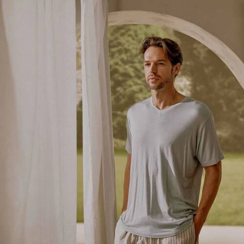 Men's V-Neck Cotton Pallas T-Shirt Pearl Blue - 2