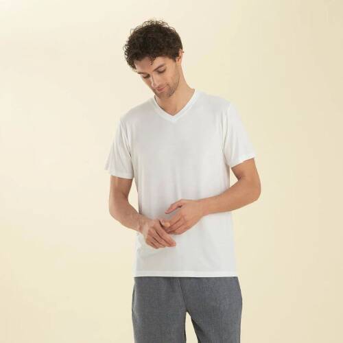 Men's V-Neck Cotton Pallas T-Shirt White - 2