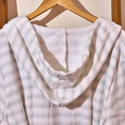 Soft Hooded Striped Organic Cotton Men's Bathrobe - White / Blue - S / M - 3