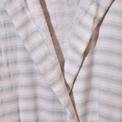 Soft Hooded Striped Organic Cotton Men's Bathrobe - White / Blue - S / M - 2
