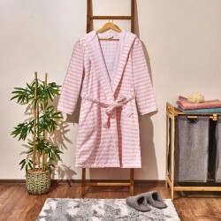 Soft Hooded Striped Organic Cotton Women's Bathrobe - White / Pink - S / M - 1