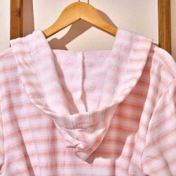 Soft Hooded Striped Organic Cotton Women's Bathrobe - White / Pink - S / M - 3