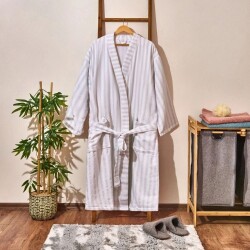Soft Kimono Striped Organic Cotton Men's Bathrobe - White / Blue - S / M - Luxury Home