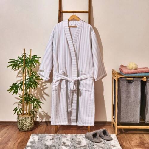 Soft Kimono Striped Organic Cotton Men's Bathrobe - White / Blue - S / M - 1