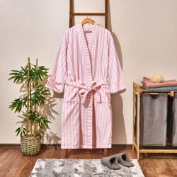  Soft Kimono Striped Organic Cotton Women's Bathrobe - White / Pink - S / M - Vip Living
