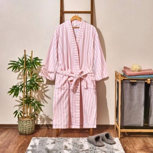 Soft Kimono Striped Organic Cotton Women's Bathrobe - White / Pink - L / XL - 1