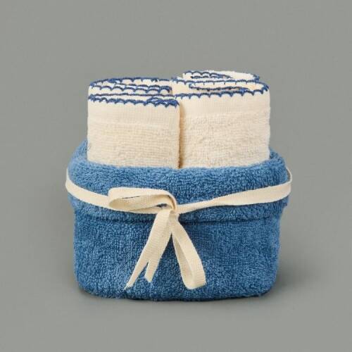 Soft Lina 4-Piece Organic Cotton Towel Set - Ecru / Blue - 30x40 cm - 1