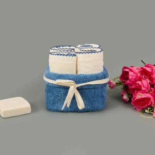 Soft Lina 4-Piece Organic Cotton Towel Set - Ecru / Blue - 30x40 cm - 4