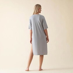 المرأة المرأة طويلة طاقم الرقبة القطن ساكرال تي شيرت رمادي - 4