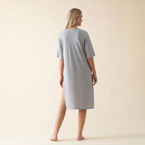 المرأة المرأة طويلة طاقم الرقبة القطن ساكرال تي شيرت رمادي - 4