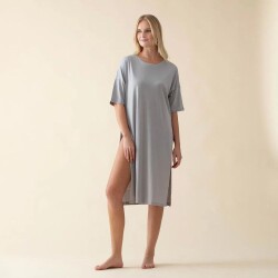 Women Women's Long Crew Neck Cotton Sacrale T-Shirt Grey - 2