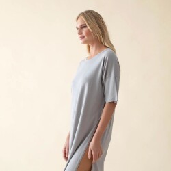 Women Women's Long Crew Neck Cotton Sacrale T-Shirt Grey - 3