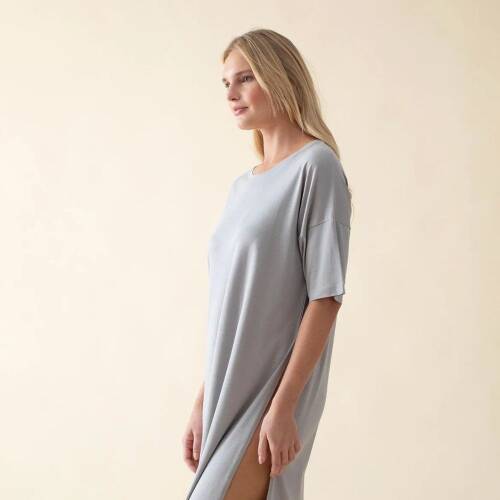 Women Women's Long Crew Neck Cotton Sacrale T-Shirt Grey - 3