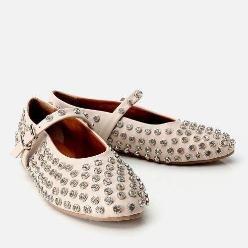 Women's Beige Stone Embellished Ballet Flats - 2