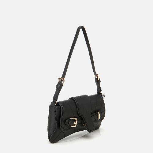 Women's Black Asymmetric Crossbody Bag with Buckle Detail - 2