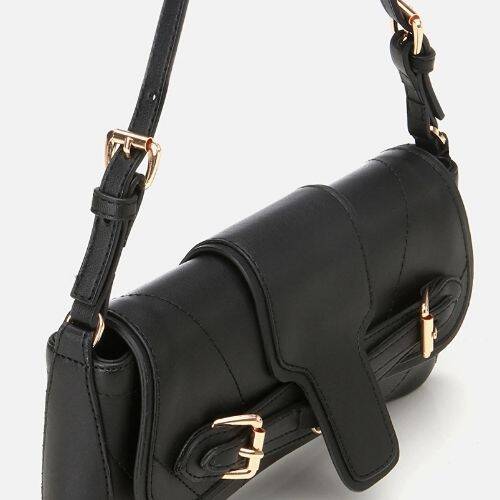 Women's Black Asymmetric Crossbody Bag with Buckle Detail - 3