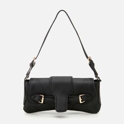 Women's Black Asymmetric Crossbody Bag with Buckle Detail - Vip Bags
