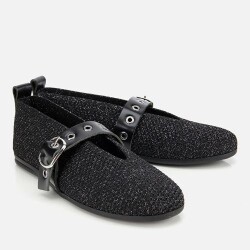 أحذية باليه ماري جين سوداء اللون بتفاصيل محبوكة وحزام للنساء - 2