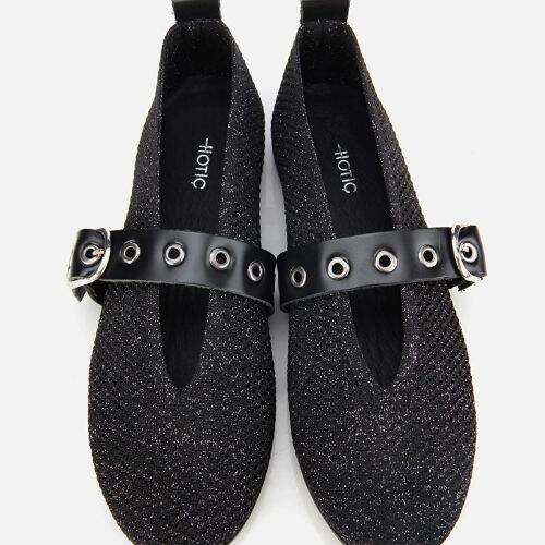 أحذية باليه ماري جين سوداء اللون بتفاصيل محبوكة وحزام للنساء - 5