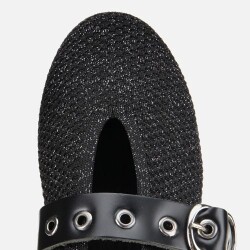 Women's Black Knit Detail Mary Jane Belted Ballet Flats - 4