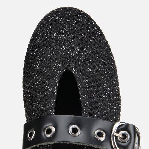 Women's Black Knit Detail Mary Jane Belted Ballet Flats - 4