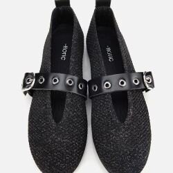 Women's Black Knit Detail Mary Jane Belted Ballet Flats - 5