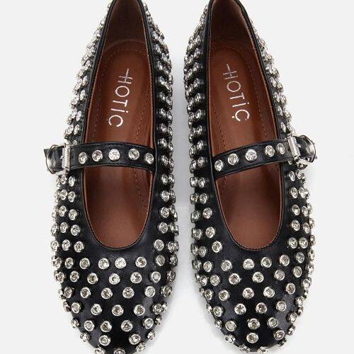 Women's Black Stone Embellished Ballet Flats - 6