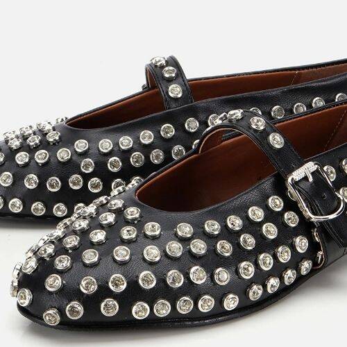 Women's Black Stone Embellished Ballet Flats - 3