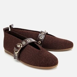 Women's Brown Knit Detail Mary Jane Belted Ballet Flats - 2
