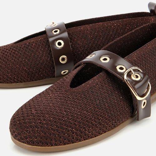 Women's Brown Knit Detail Mary Jane Belted Ballet Flats - 3