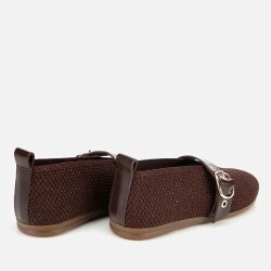 Women's Brown Knit Detail Mary Jane Belted Ballet Flats - 4