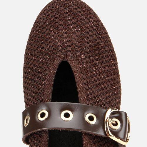 Women's Brown Knit Detail Mary Jane Belted Ballet Flats - 5