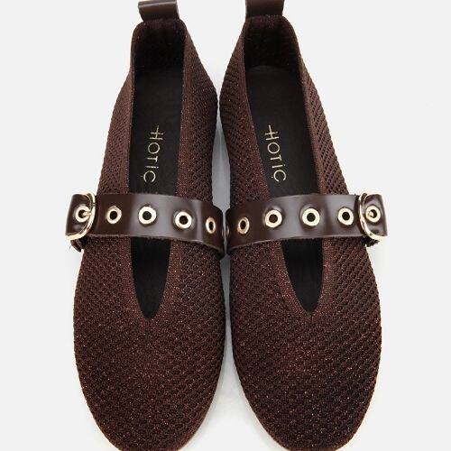 Women's Brown Knit Detail Mary Jane Belted Ballet Flats - 6