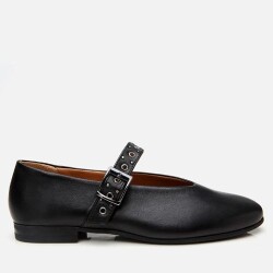 Women's Leather Black Mary Jane Belted Ballet Flats - Luxury Shoes