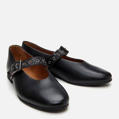 Women's Leather Black Mary Jane Belted Ballet Flats - 2