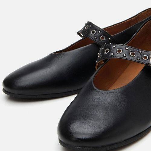 Women's Leather Black Mary Jane Belted Ballet Flats - 3