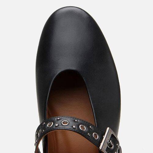 Women's Leather Black Mary Jane Belted Ballet Flats - 4