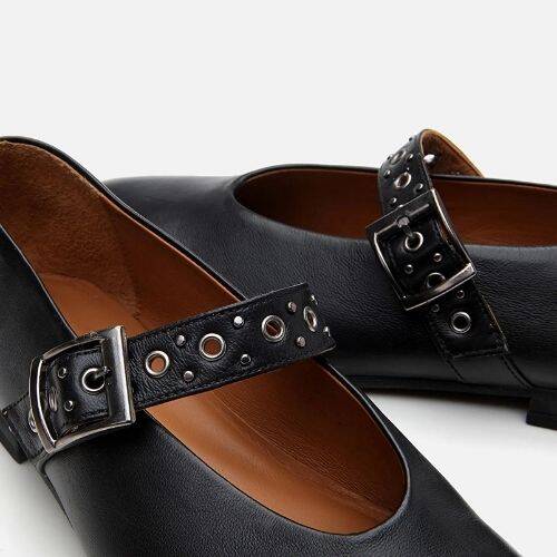 Women's Leather Black Mary Jane Belted Ballet Flats - 5