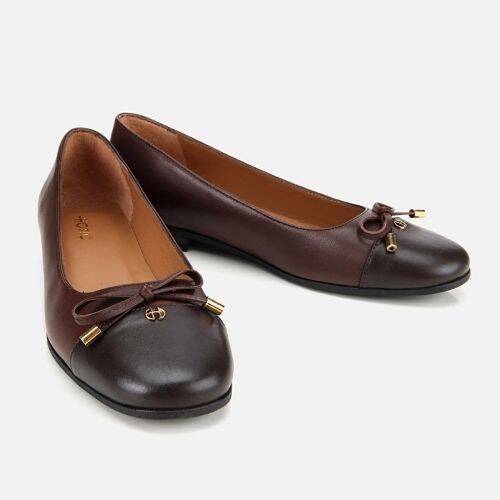 Women's Leather Brown Bow Detail Ballet Flats - 2