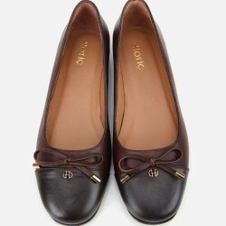 Women's Leather Brown Bow Detail Ballet Flats - 6