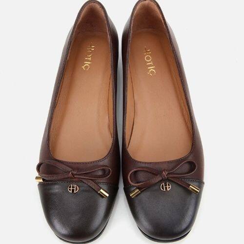 Women's Leather Brown Bow Detail Ballet Flats - 6