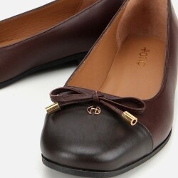 Women's Leather Brown Bow Detail Ballet Flats - 3