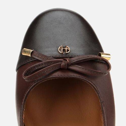 Women's Leather Brown Bow Detail Ballet Flats - 5