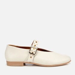 Women's Leather Ecru Mary Jane Belted Ballet Flats - Luxury Shoes