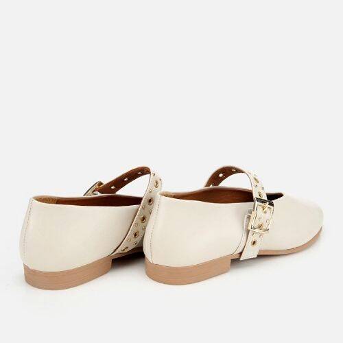 Women's Leather Ecru Mary Jane Belted Ballet Flats - 4