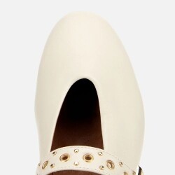 Women's Leather Ecru Mary Jane Belted Ballet Flats - 5