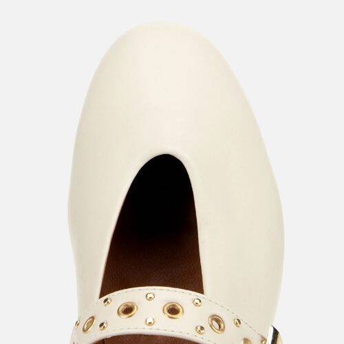 Women's Leather Ecru Mary Jane Belted Ballet Flats - 5
