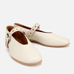 Women's Leather Ecru Mary Jane Belted Ballet Flats - 2