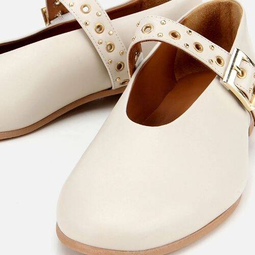 Women's Leather Ecru Mary Jane Belted Ballet Flats - 3